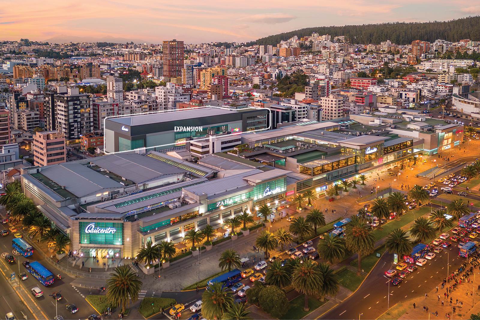 Quicentro Shopping aerial showing phase 1 renovation and phase 2 expansion